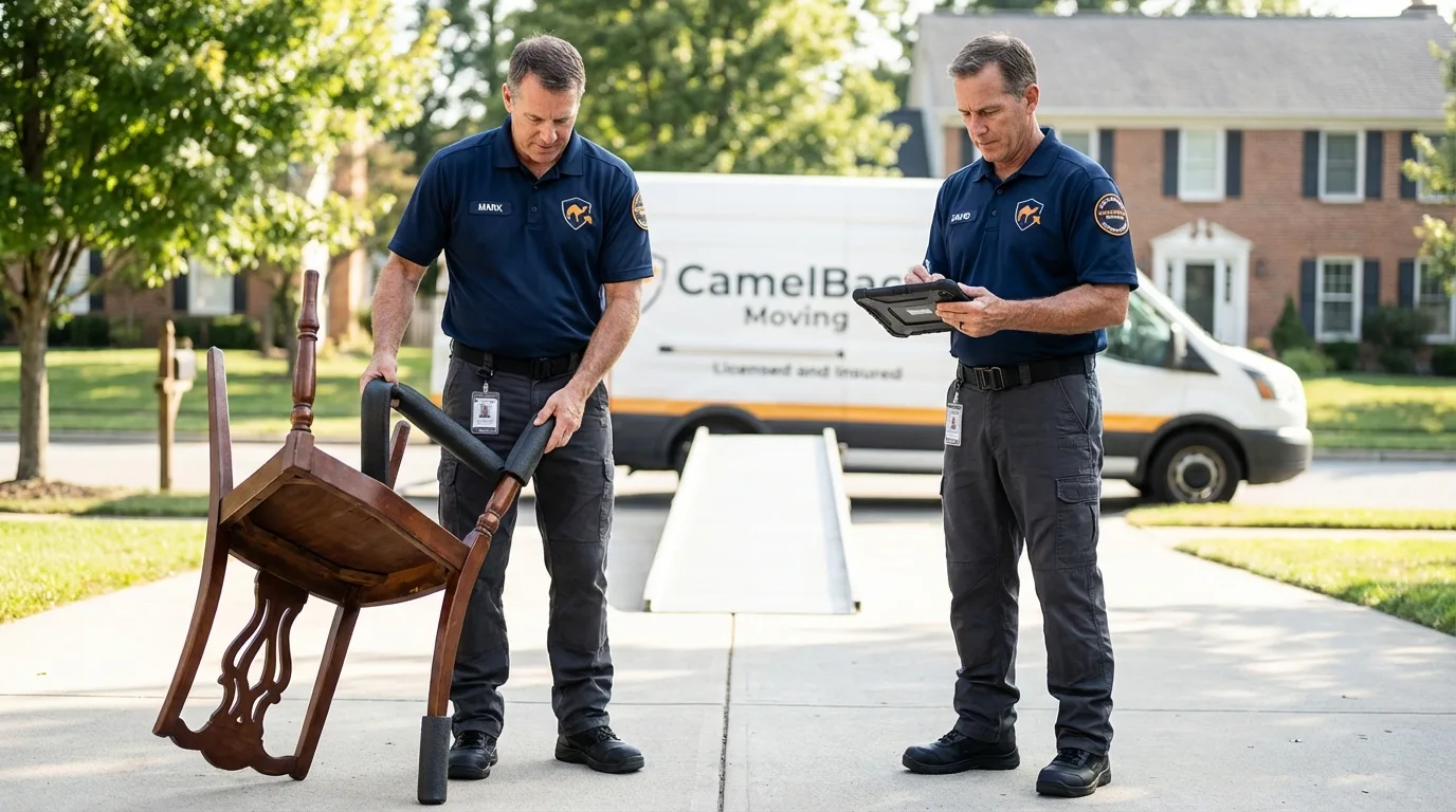 Movers inspecting furniture for damage prevention before loading in Gallipolis, OH